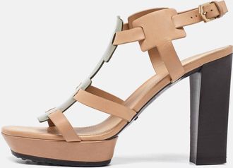 Tod's Tods Beige/metallic Grey Leather T-Bar Ankle Strap Platform Sandals