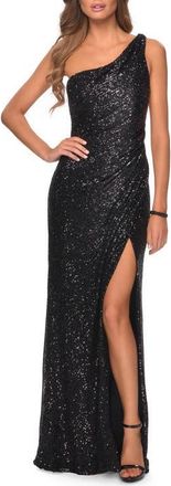 La Femme Long Sequin One Shoulder Ruched Prom Dress in Black at Nordstrom, Size 00