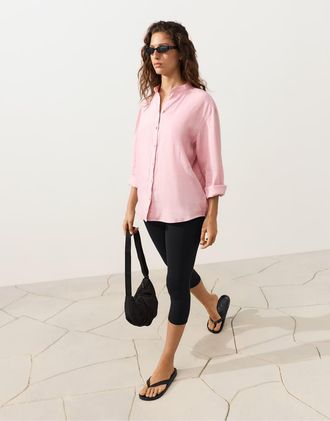 Oysho Camicia con colletto alla coreana in 100% lino rosa