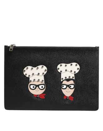 Dolce & Gabbana Zwarte Leren DGFAMILY Versierde Heren Clutch Pouch Tas