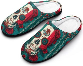 Generic Mexico Sugar Skull Day Of The Dead Funny Mens Cotton Slippers Soft Non-Slip Rubber Sole House Slipper Indoor Outdoor