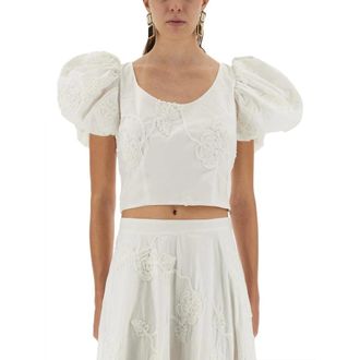 Rotate Rotate Birger Christensen - Puff Sleeve Geborduurd Crop Top - Dames - Blouses & Shirts - Wit - Maat: S Katoen