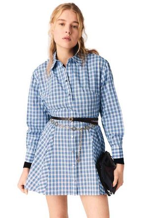 Maje Rhinestone-trim cotton shirt dress in Blue Check Print at Nordstrom, Size 34 Eu