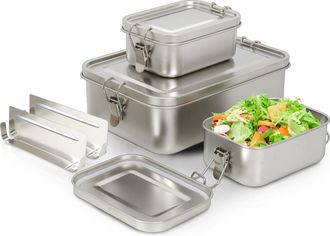 OEM Juego De 3 Fiambreras Bento De Acero Inoxidable 304 Con Tapa, 2400/1400/850 Ml, Herm&eacute;ticas Y Apilables, Para Sopa, Ensalada O Sobras