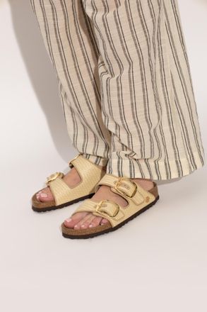 Birkenstock Arizona Big Buckle Raffia Slides, Womens, Beige