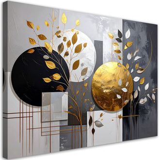 Feeby Impresi&oacute;n De Imagen, Abstracci&oacute;n Gris Y Dorada De C&iacute;rculos Y Hojas, 100x70