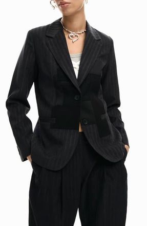 Desigual Mixed Media Pinstripe Single Breasted Blazer in Dark Grey at Nordstrom, Size X-Small