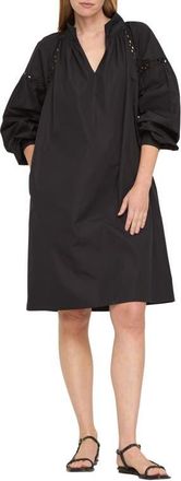 Lafayette 148 New York Soutache Trim Long Sleeve Organic Cotton Poplin Popover Dress in Black at Nordstrom, Size Xx-Small