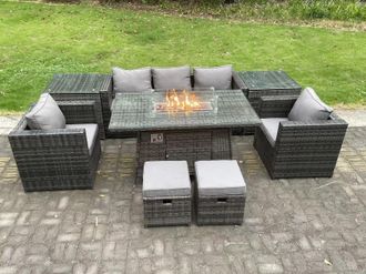 Fimous Outdoor PE Rattan Garden Furniture Gas Fire Pit Dining Table Armchairs With 2 Side Coffee Table Stools in Dark Grey