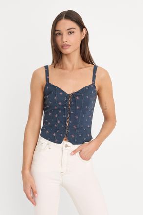 Good American Womens Dolly Lace Up Poplin Tank Top | New Navy Bandana Print, Size Medium | Good American by Khlo&Egrave; Kardashian