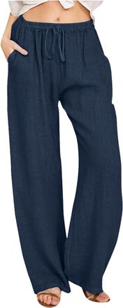 Generic Womens Cotton Linen Trousers Casual Wide Leg Trousers Loose Elasticated Waist Drawstring Solid Color Palazzo Pants with Pockets Womens Summer Pants Be