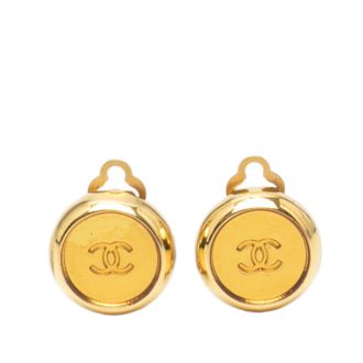 Chanel Tweedehands Cc Gouden Plated Ronde Clip On Oorbellen