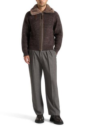 Mani&egrave;re De Voir Ariel Unisex Plush Collar Speckled Knit Jacket in Brown at Nordstrom, Size X-Small