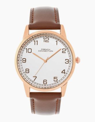 French Connection Mens Connection Rose Case Round Shape Black Strap Quartz Watch - White - Size: ONE size
