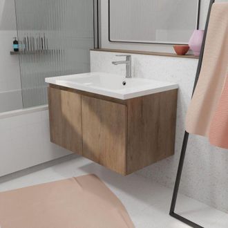 Aurlane Mueble De Ba&ntilde;o 75cm Decoraci&oacute;n Madera Clara - 2 Puertas - Lavabo Blanco