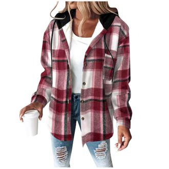 Generic Womens Hooded Flannel Shirt Jacket Fleece Sherpa Lined Plaid Shirts Button Down Fall Winter Coats with Hood Checked Shacket Lumberjack Autumn Outfits 