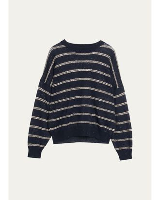 Brunello Cucinelli Linen Cotton Striped Knit Oversized Crewneck Sweater