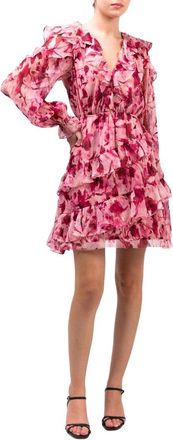 Marchesa Pleated Long Sleeve Chiffon Mini Dress