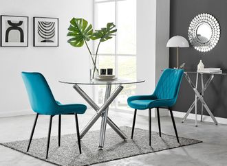 Furniturebox Selina Round Glass Chrome Leg Dining Table & Pesaro Black Leg Chairs in Blue | Size: 4 Person