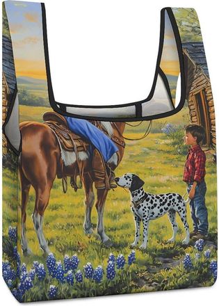 Generic Woman on Horse Shopping Bag Reusable Grocery Tote Bag Foldable Handbag for Travel Picnic
