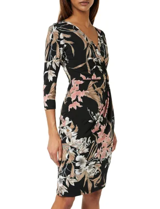 Gina Bacconi Floral Jersey Wrap Dress, Black/Beige, 10