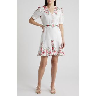 CeCe by Cynthia Steffe Floral Belted Puff Sleeve Midi Dress in Ultra White at Nordstrom, Size 10