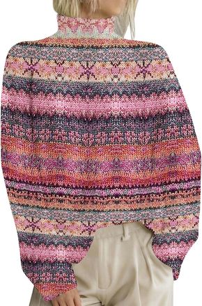 Generic Womens Jumpers Polo Neck Fair Isle Jumpers Ladies Plus Size Winter Warm Sweaters Long Sleeve Soft Vintage Pullover Sweater Hot Pink