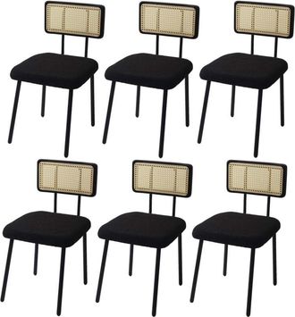 Hhg Lote de 6 sillas de comedor 707, sillón silla, madera poly rattan metal bouclé, tela/textil negro