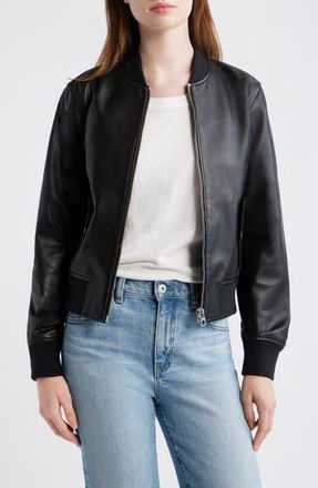 Madewell Shrunken Leather Bomber Jacket in True Black at Nordstrom, Size Xx-Small
