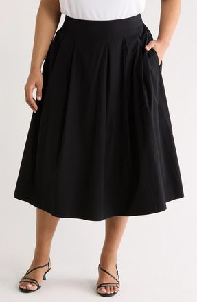 Nordstrom Pleated Cotton Poplin Midi Skirt in Black at Nordstrom, Size 2X