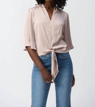 Joseph Ribkoff Satin Front Tie V-Neck Top In Parchment