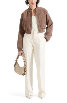 Mani&egrave;re De Voir Monique Suede Wide Shoulder Bomber Jacket in Taupe at Nordstrom, Size 4