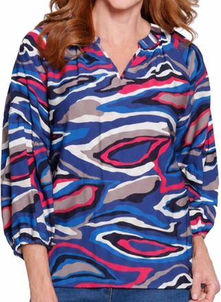 Multiples 3/4 Raglan Lantern Sleeve Band Collar Top In Multi