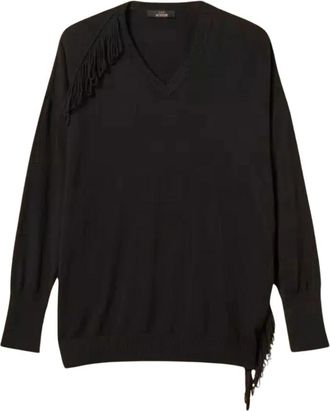 Twinset Actitude Gebreide Trui met Franjes - Dames - V-hals truien - Zwart - XS - Katoen - Truien & Vesten