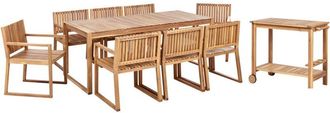 Beliani Rustic 8 Seater Garden Certified Acacia Wood Dining Set Table Chairs with Trolley Sassari ii