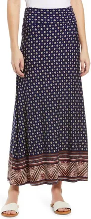 Loveappella Border Print Roll Top Maxi Skirt in Navy/tomato at Nordstrom, Size Medium