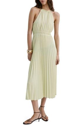 Mango Pleated Halter Neck Midi Dress in Pastel Green at Nordstrom, Size 10