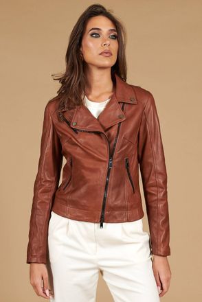 D'Arienzo Giacca chiodo in pelle color cuoio effetto liscio DArienzo, Seleziona Taglia XXL, Colore Cuoio