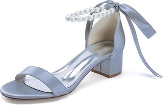 Generic Wedding Pearls Block Heels Sandals Open Toe Ankle Strap Bridal Evening Party Summer Satin Low Heel Shoes 4.5Cm,Silver,10 UK