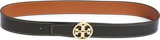 Tory Burch 1.5-Inch Miller Smooth Leather Reversible Logo Belt in Black /Malt Whiskey at Nordstrom, Size X-Small