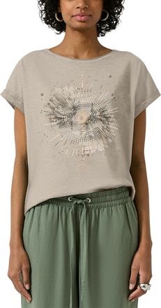 QS by s.Oliver Rundhalsshirt QS, Damen, Gr. XL (42), beige, Jersey, Obermaterial: 100% Baumwolle, bedruckt, normal h&uuml;ftbedeckend, Rundhals, Shirts Rundhalsshirt, mit