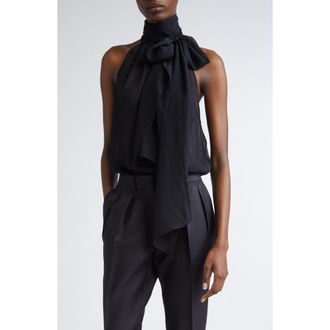Tom Ford Silk Georgette Tie Neck Top in Black at Nordstrom, Size 12 Us
