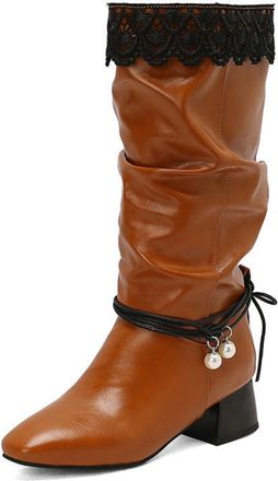 Generic Womens Square Toe Vintage Dress Boots Pull on Mid-Calf Boots Mid Block Heel Long Boot with Pearl,Brown,8.5 UK