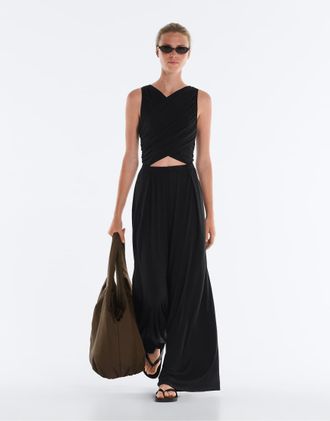 Oysho Tuta jumpsuit lunga avvolgente in misto modal nera-Nero