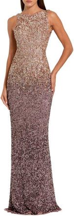 Mac Duggal Sleeveless Sequin Mesh Ombre Open Back Gown in Gold Amethyst at Nordstrom, Size 6