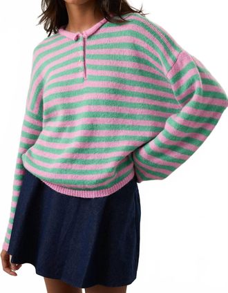 Azalea Laurel Henley Sweater In Pink/mint