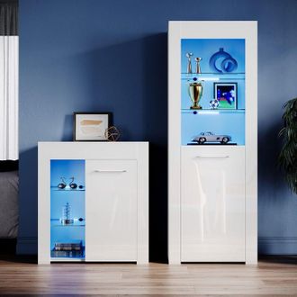 Elegant Lighting White Display Cabinet Set High Gloss Living Room Set Bookcase Sideboard Cupboard with Multicolour led Light - Elegant
