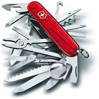 Victorinox by Swiss Army Coltello svizzero Victorinox Swiss Champ, 33 funzioni diverse, con pinzette, forbici e lente dingrandimento, 185 gr, colore rosso trasparente