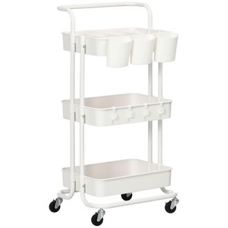 HOMCOM 3-Tier Utility Cart - Rolling Serving Trolley with Baskets and Hooks | TJ Hughes White