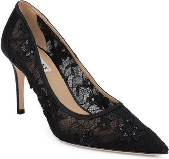 Badgley Mischka Rania Sequin Lace Pointed Toe Pump in Black Lace at Nordstrom, Size 7.5